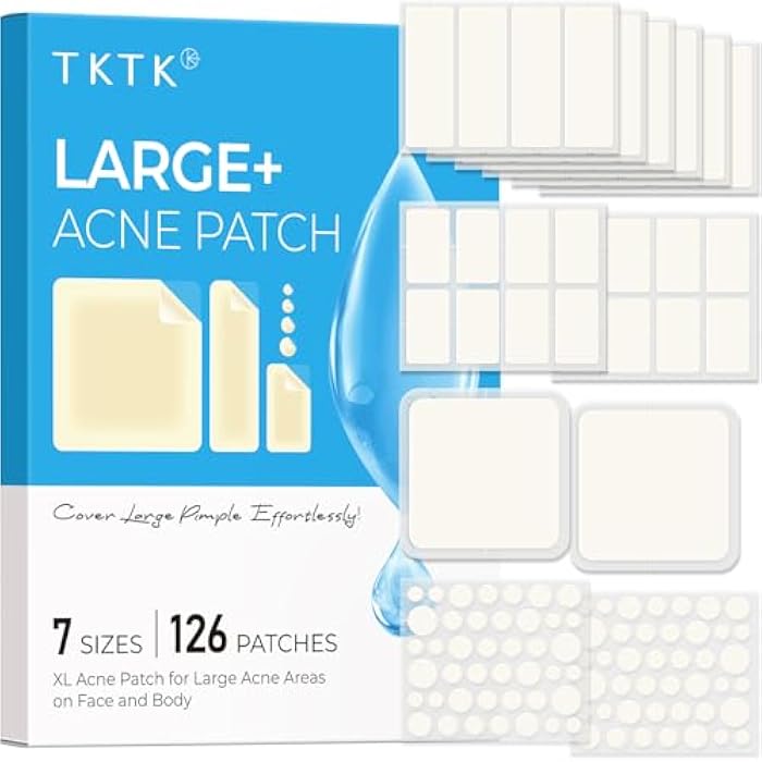 TKTK Large Pimple Patches for Face, 7 Sizes XL Acne Patches, Big Hydrocolloid Bandages for Body, Chin, Forehead, Chest, Back Zit Breakouts, Hydrocolloid Patch (Strip, Square, Dot 126 Count) - Image 1